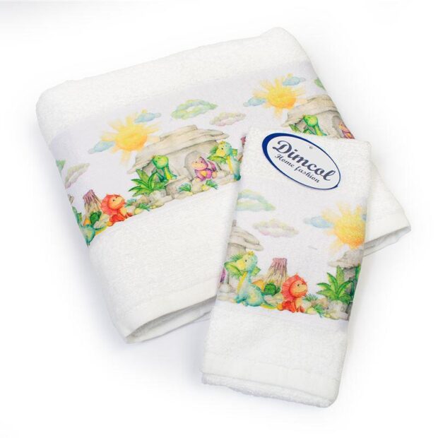 Πετσέτα Σετ 2 τεμ Με Ψηφιακή Εκτύπωση bebe Dinosaurs 312 30X50,70X140 Ecru 100% Cotton